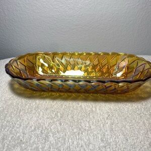 Vintage Indiana Glass Amber Carnival Celery Bread Dish Bowl Basket Weave